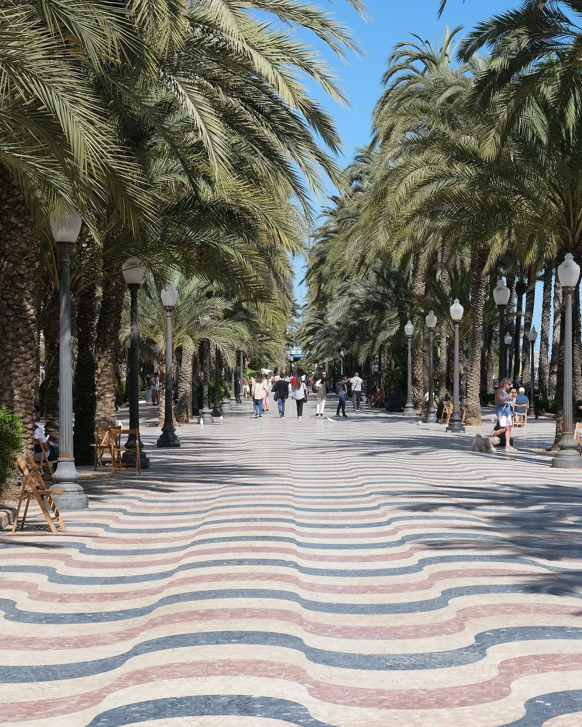 The wave-patterned marble pavement of the Explanada de España in Alicante, in red, grey and cream, running between rows of tall palm trees