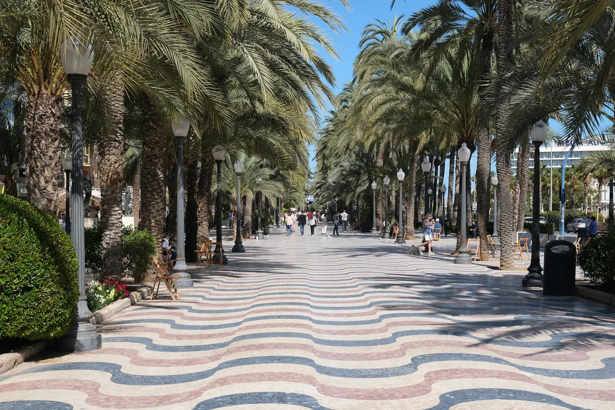 The wave-patterned marble pavement of the Explanada de España in Alicante, in red, grey and cream, between rows of tall palm trees